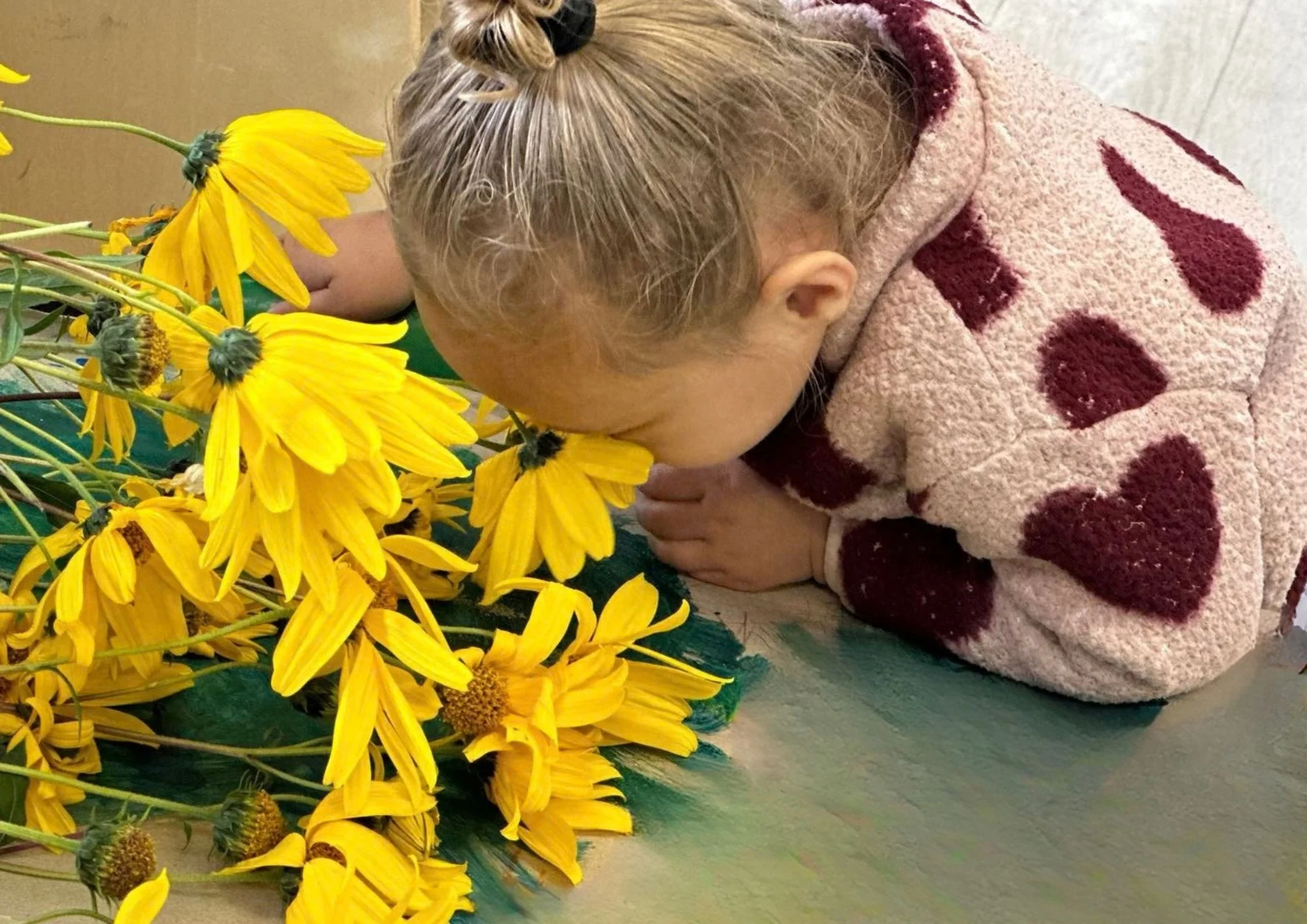 A Tiny Stars tamaiti closely exploring yellow flowers