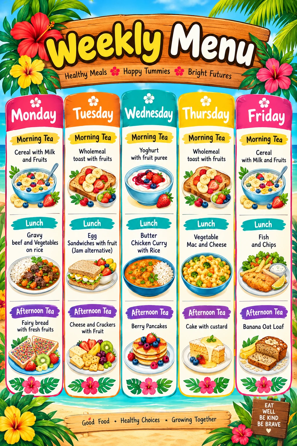Sample weekly menu, Monday to Friday